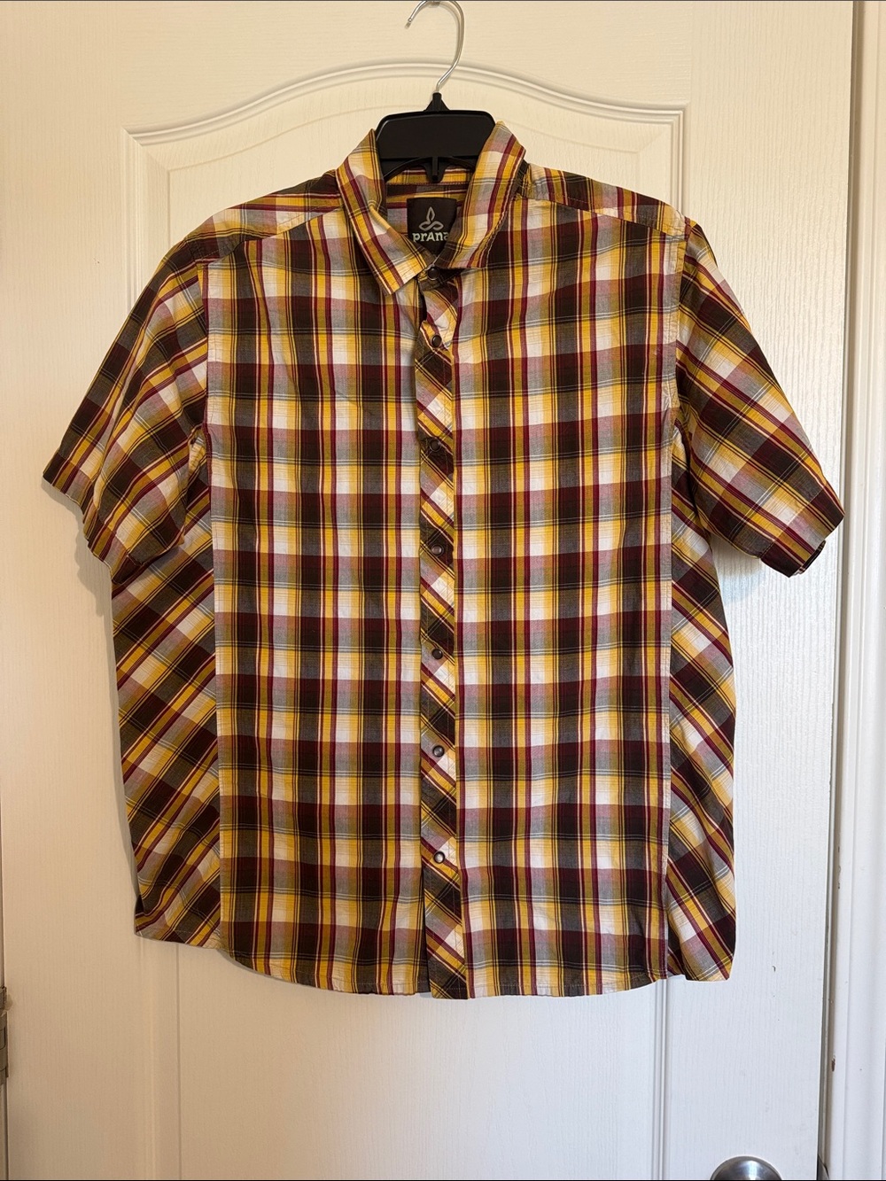 Prana Men's Short-Sleeve Plaid Button-Down Shirt - Maroon/Yellow/White